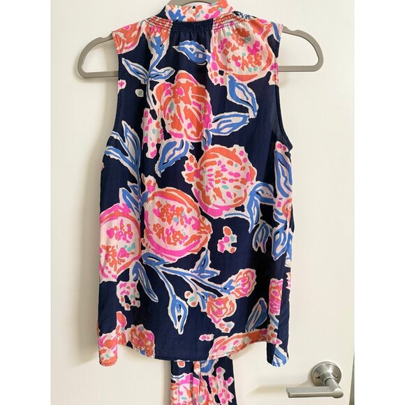 Lilly Pulitzer Dahlia Silk Top in Navy Bright Pom Pom Print - Picture 4 of 8